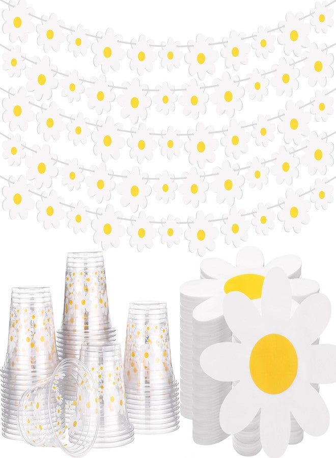Singhoow 155 Pcs Groovy Daisy Paper Napkins Cups Garlands for Birthday Party Decorations 100 Daisy Flower Napkins 50 Disposable 12oz Plastic Cups 5 Banners for Wedding Baby Shower Summer Table Decor - Image 1